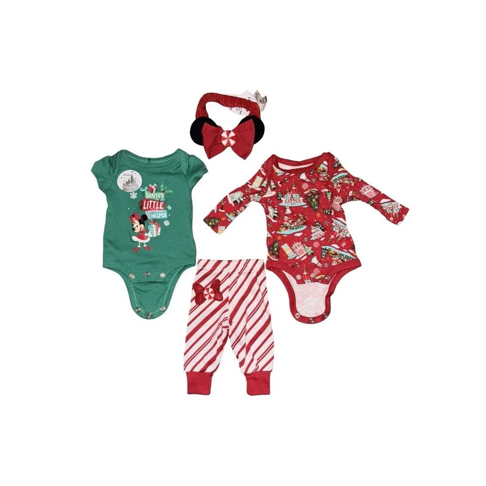 Disney Parks Christmas Baby Outfit Set Minnie Mouse Bow Bodysuit Pants 3 Months